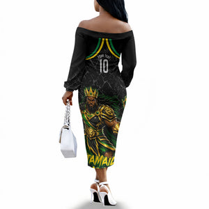 Personalized Jamaica Kingsmen Off The Shoulder Long Sleeve Dress Caribbean Cricket Royal Warrior King Mascot