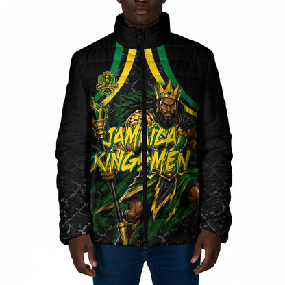 Personalized Jamaica Kingsmen Padded Jacket Caribbean Cricket Royal Warrior King Mascot