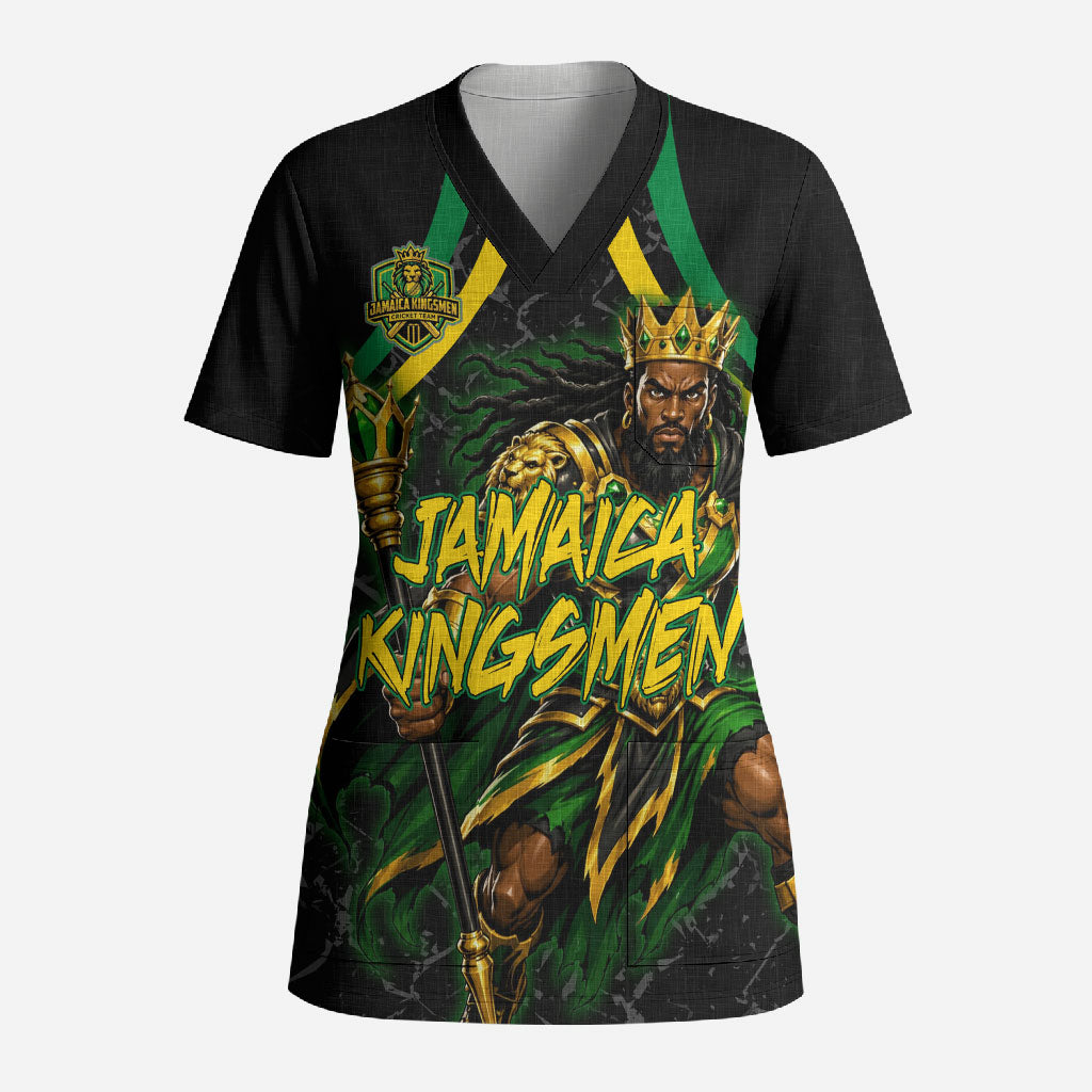 Personalized Jamaica Kingsmen Scrub Top Caribbean Cricket Royal Warrior King Mascot