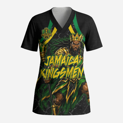 Personalized Jamaica Kingsmen Scrub Top Caribbean Cricket Royal Warrior King Mascot