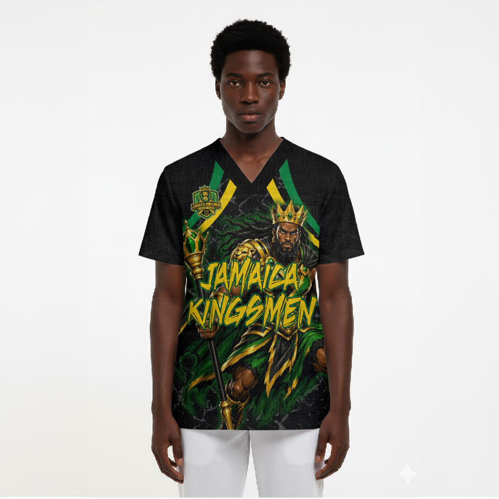 Personalized Jamaica Kingsmen Scrub Top Caribbean Cricket Royal Warrior King Mascot