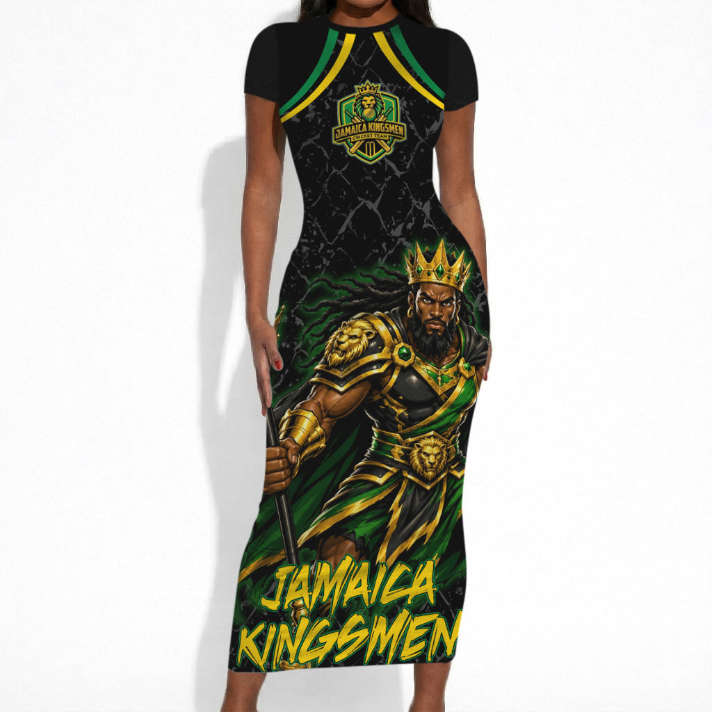 Personalized Jamaica Kingsmen Short Sleeve Bodycon Dress Caribbean Cricket Royal Warrior King Mascot