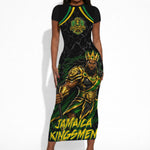 Personalized Jamaica Kingsmen Short Sleeve Bodycon Dress Caribbean Cricket Royal Warrior King Mascot