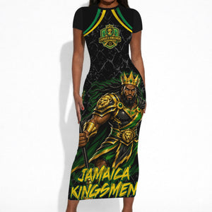 Personalized Jamaica Kingsmen Short Sleeve Bodycon Dress Caribbean Cricket Royal Warrior King Mascot