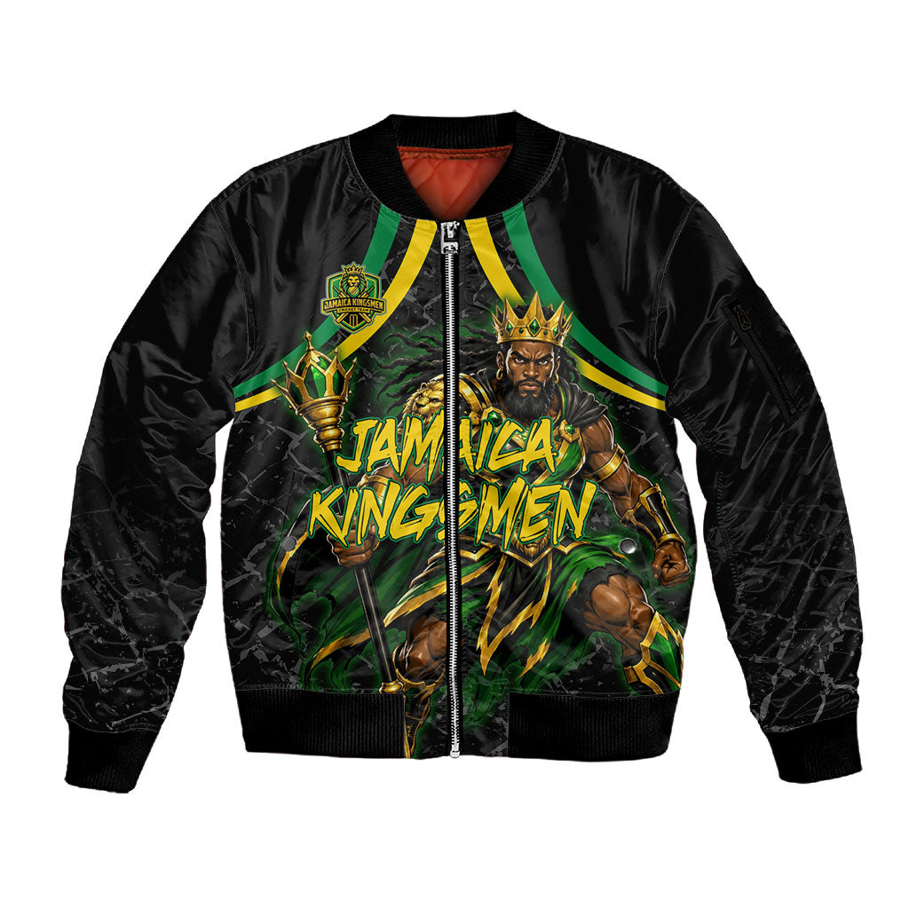 Personalized Jamaica Kingsmen Sleeve Zip Bomber Jacket Caribbean Cricket Royal Warrior King Mascot