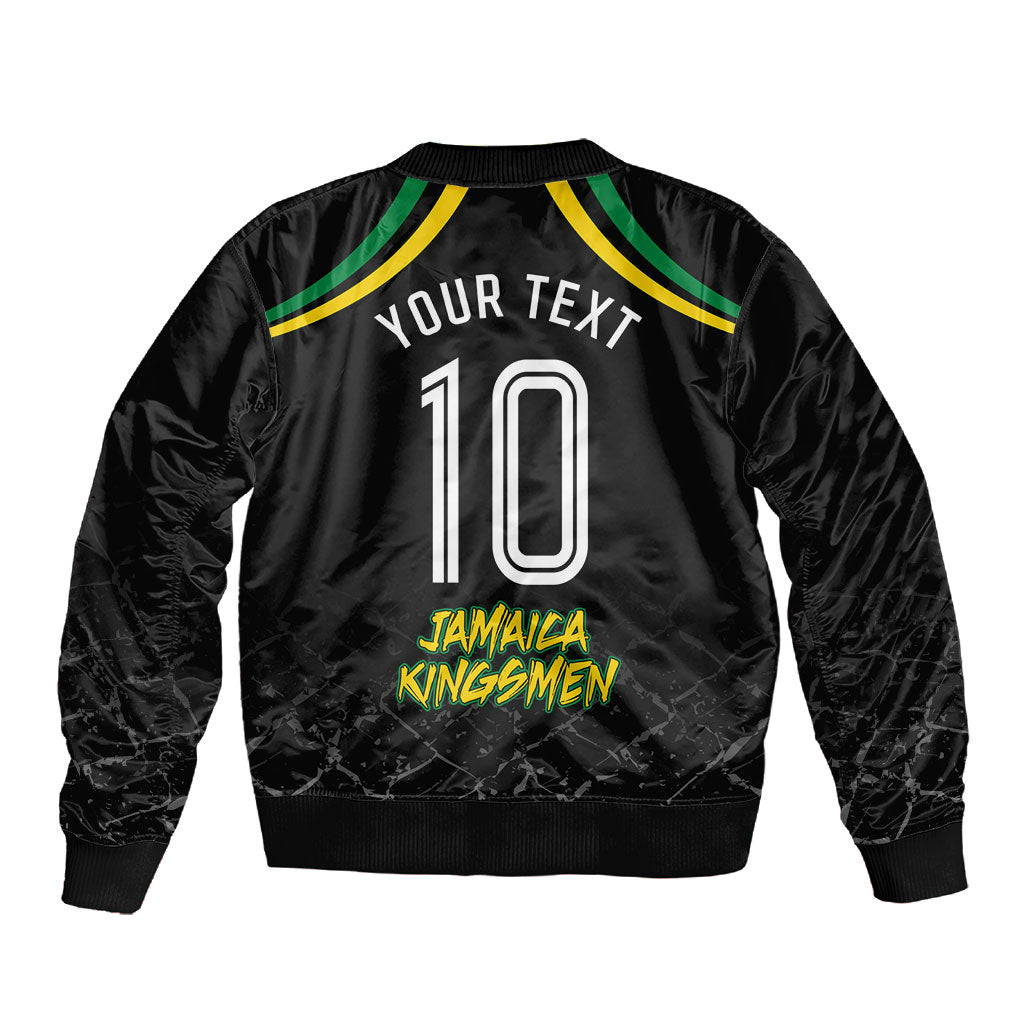 Personalized Jamaica Kingsmen Sleeve Zip Bomber Jacket Caribbean Cricket Royal Warrior King Mascot