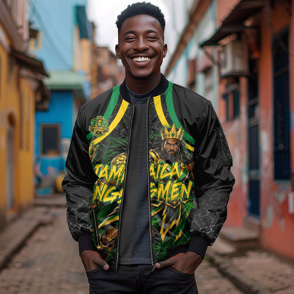Personalized Jamaica Kingsmen Sleeve Zip Bomber Jacket Caribbean Cricket Royal Warrior King Mascot