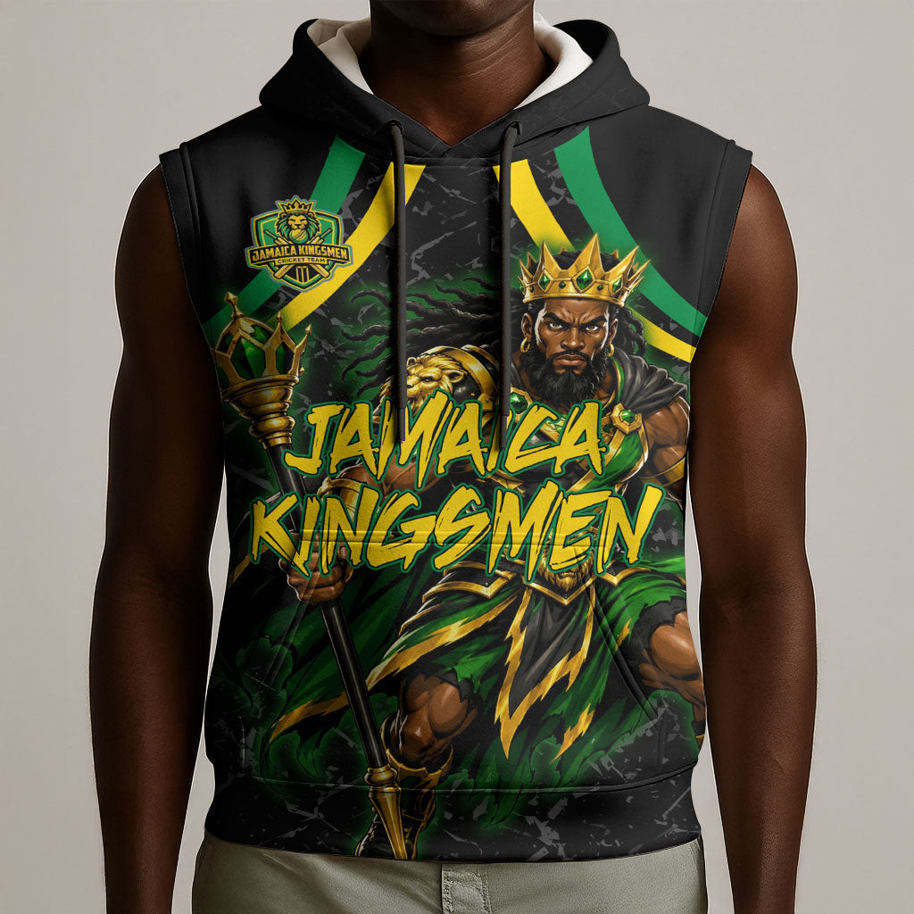 Personalized Jamaica Kingsmen Sleeveless Hoodie Caribbean Cricket Royal Warrior King Mascot