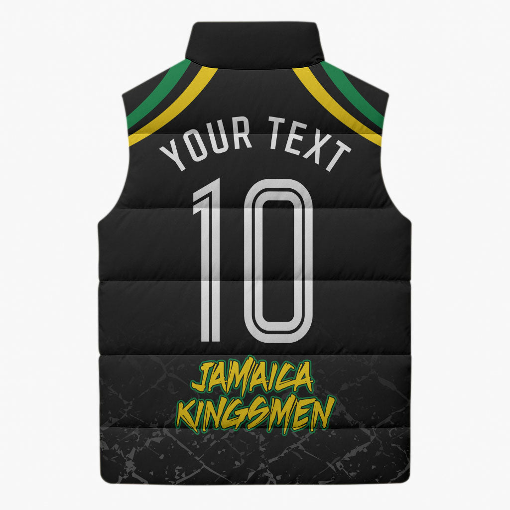 Personalized Jamaica Kingsmen Sleeveless Puffer Jacket Caribbean Cricket Royal Warrior King Mascot
