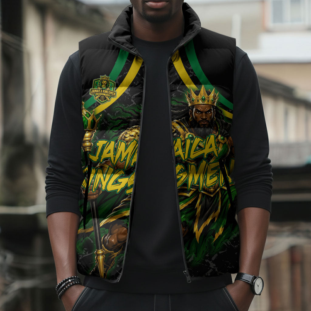 Personalized Jamaica Kingsmen Sleeveless Puffer Jacket Caribbean Cricket Royal Warrior King Mascot