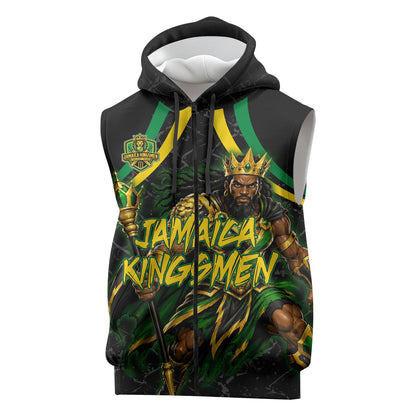 Personalized Jamaica Kingsmen Sleeveless Zip Hoodie Caribbean Cricket Royal Warrior King Mascot