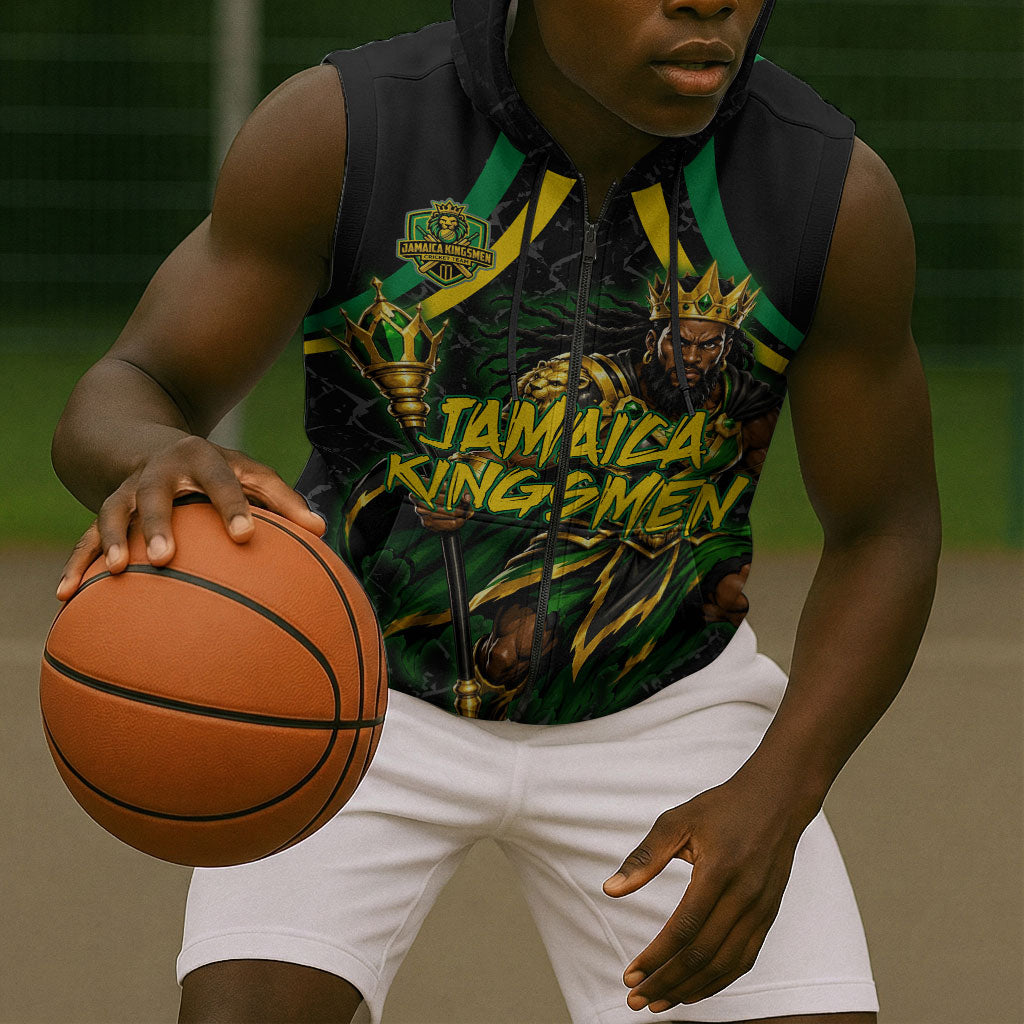 Personalized Jamaica Kingsmen Sleeveless Zip Hoodie Caribbean Cricket Royal Warrior King Mascot