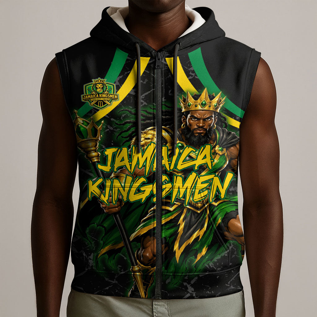 Personalized Jamaica Kingsmen Sleeveless Zip Hoodie Caribbean Cricket Royal Warrior King Mascot