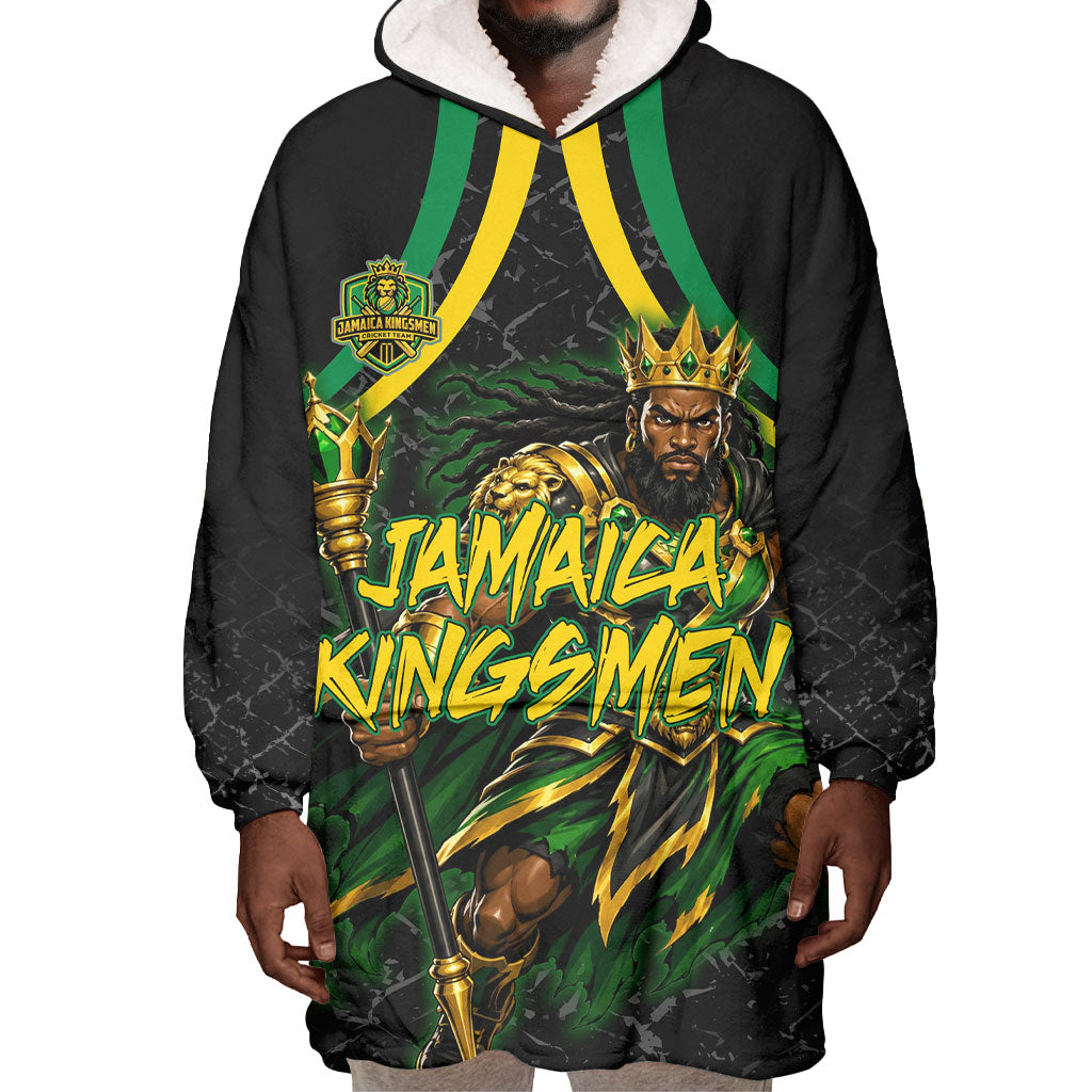 Personalized Jamaica Kingsmen Wearable Blanket Hoodie Caribbean Cricket Royal Warrior King Mascot