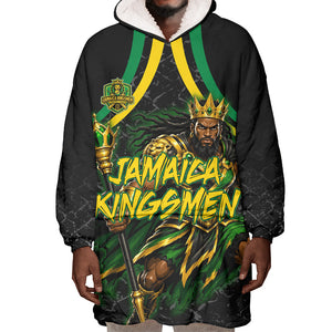 Personalized Jamaica Kingsmen Wearable Blanket Hoodie Caribbean Cricket Royal Warrior King Mascot