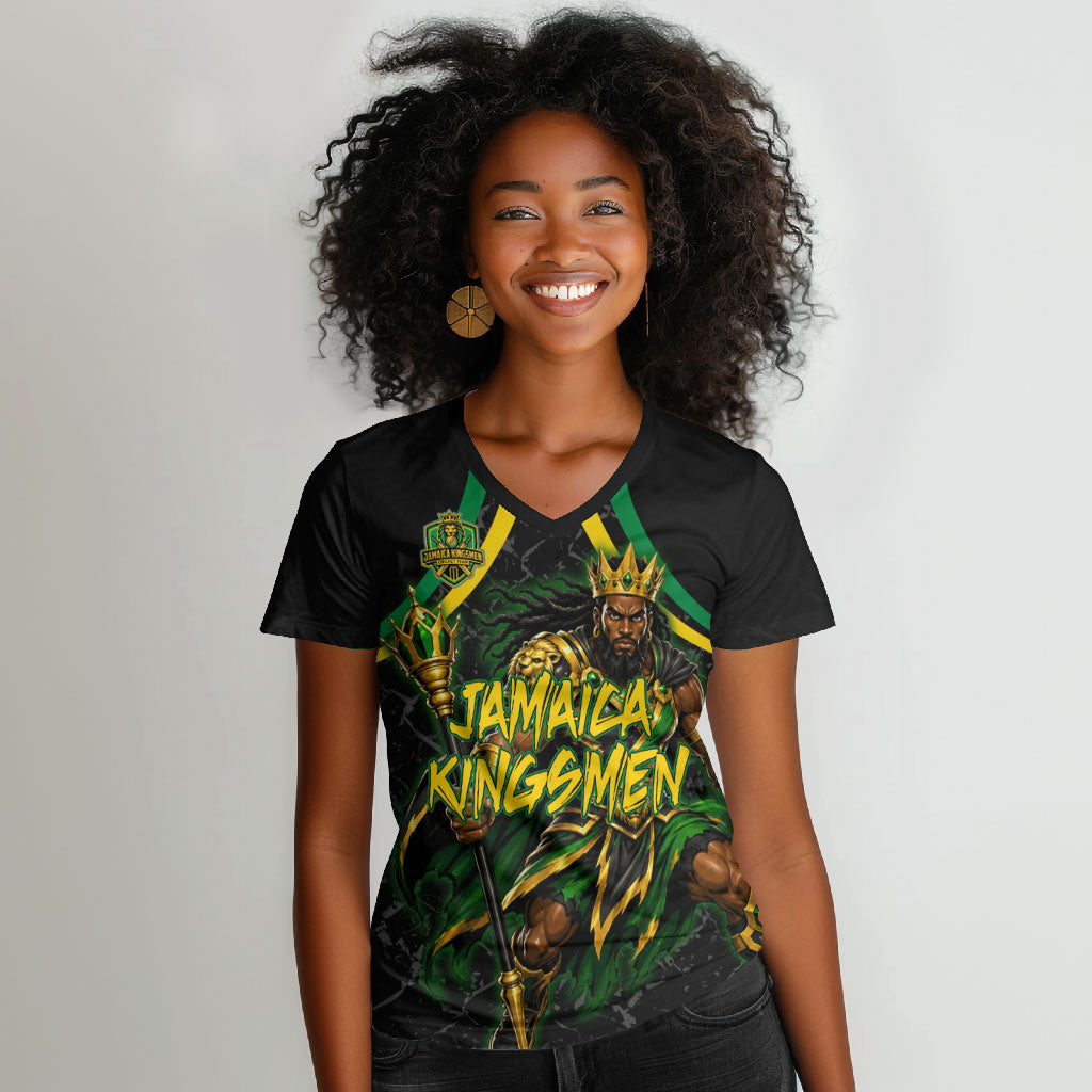 Personalized Jamaica Kingsmen Women V-Neck T-Shirt Caribbean Cricket Royal Warrior King Mascot