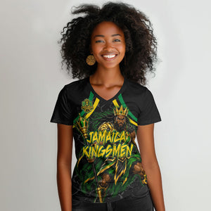 Personalized Jamaica Kingsmen Women V-Neck T-Shirt Caribbean Cricket Royal Warrior King Mascot