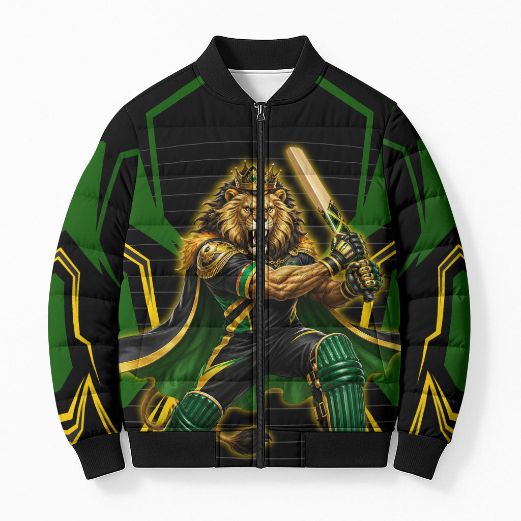 Personalized Jamaica Cricket Lion Mascot Bomber Puffer Jacket Kingsmen Royal King Batsman Sport