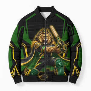 Personalized Jamaica Cricket Lion Mascot Bomber Puffer Jacket Kingsmen Royal King Batsman Sport