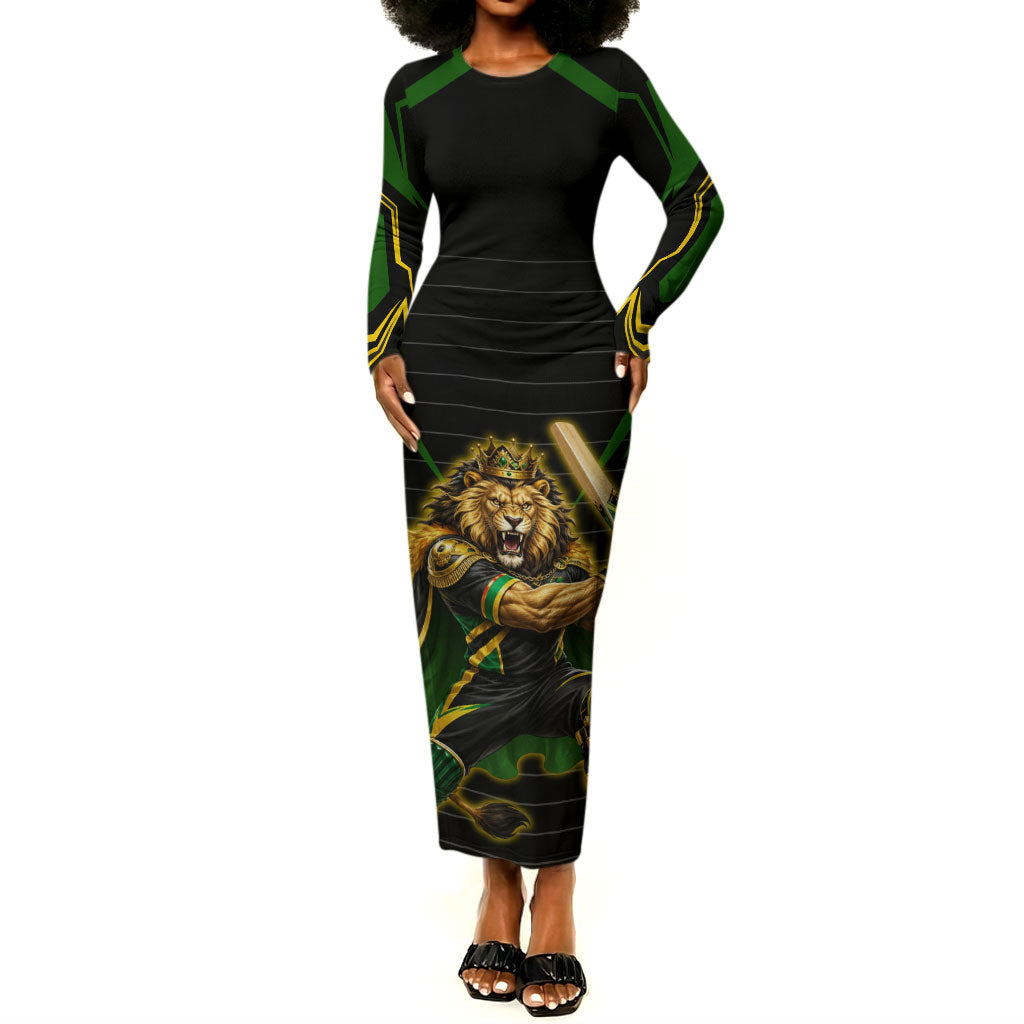 Personalized Jamaica Cricket Lion Mascot Long Sleeve Bodycon Dress Kingsmen Royal King Batsman Sport