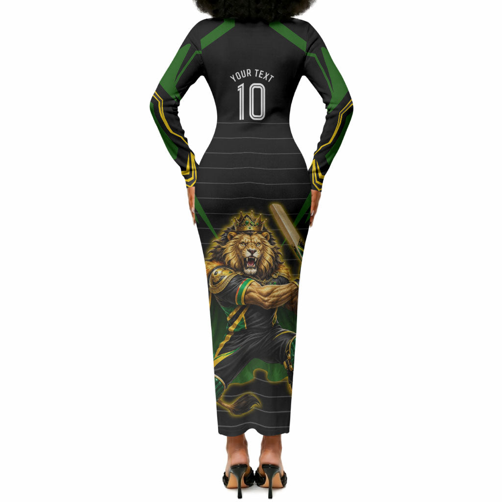 Personalized Jamaica Cricket Lion Mascot Long Sleeve Bodycon Dress Kingsmen Royal King Batsman Sport