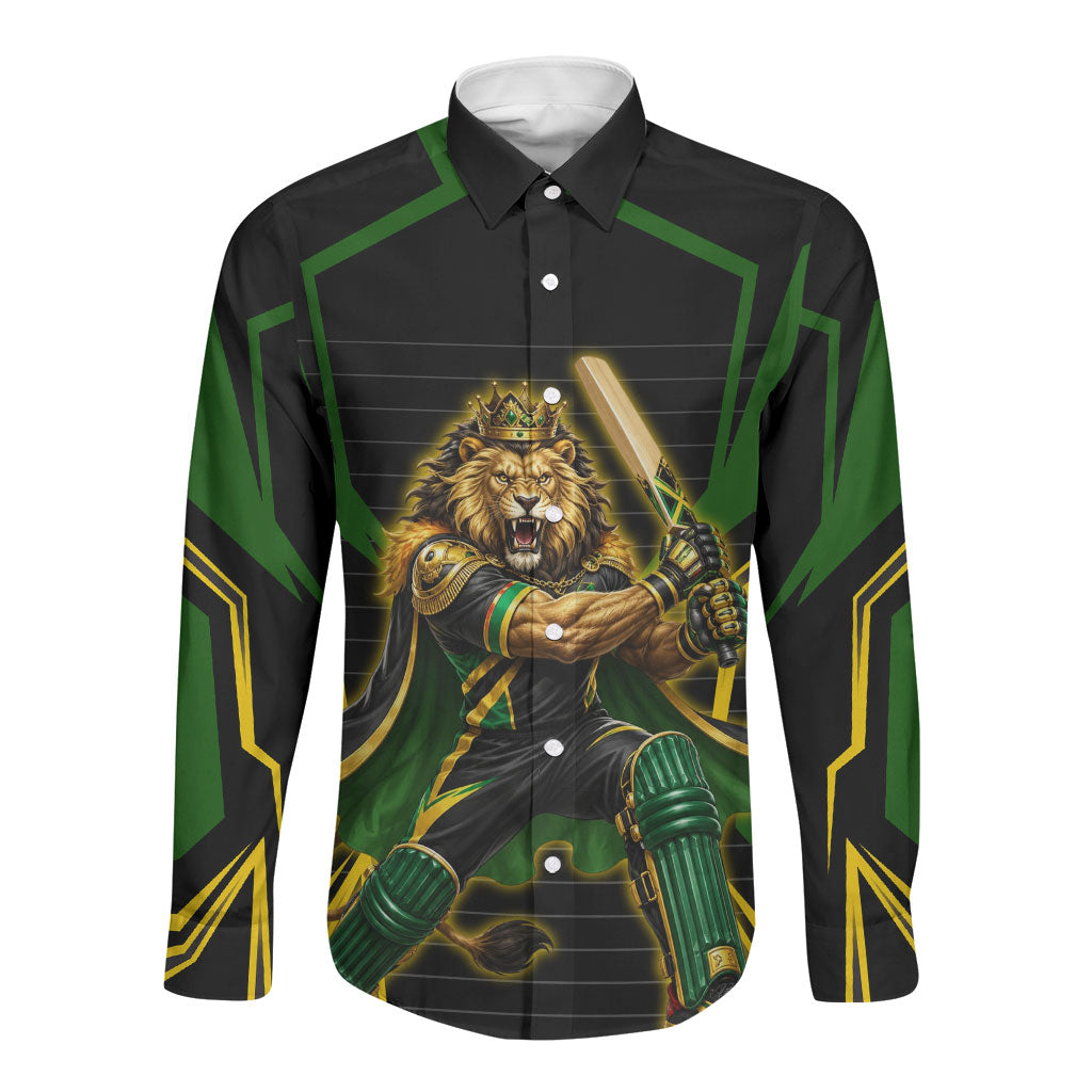 Personalized Jamaica Cricket Lion Mascot Long Sleeve Button Shirt Kingsmen Royal King Batsman Sport