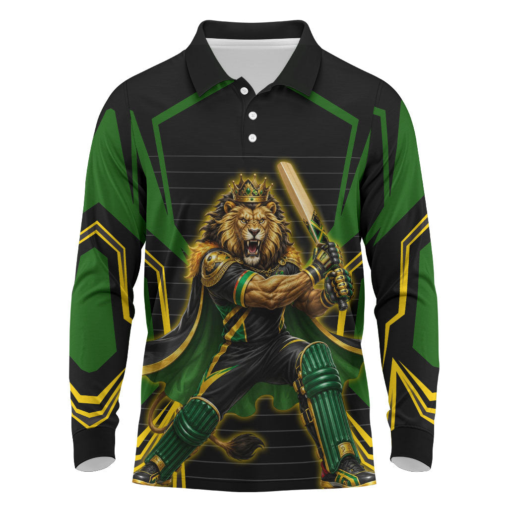 Personalized Jamaica Cricket Lion Mascot Long Sleeve Polo Shirt Kingsmen Royal King Batsman Sport