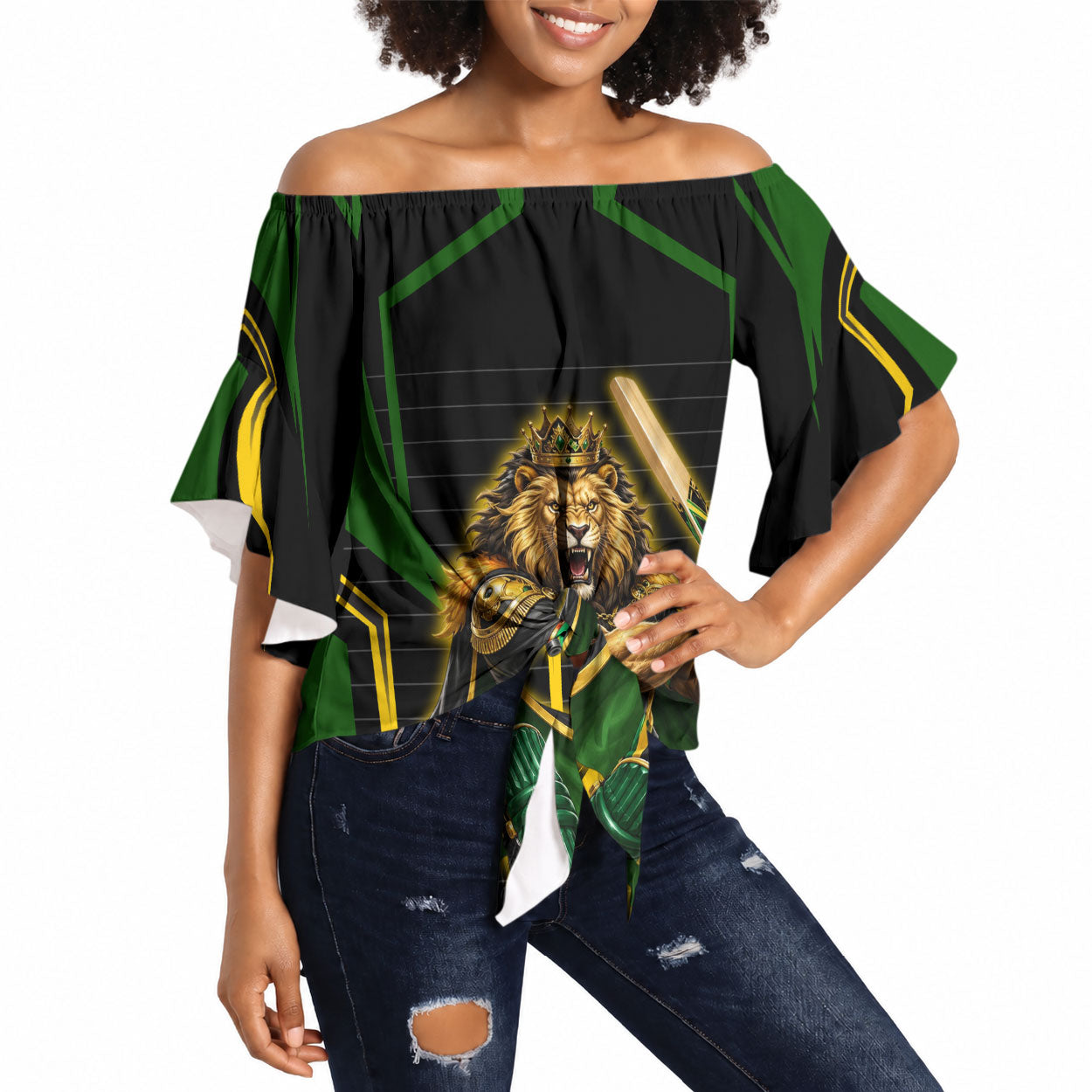 Personalized Jamaica Cricket Lion Mascot Off Shoulder Wrap Waist Top Kingsmen Royal King Batsman Sport