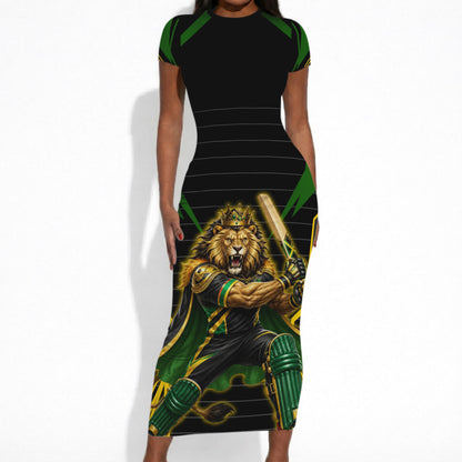 Personalized Jamaica Cricket Lion Mascot Short Sleeve Bodycon Dress Kingsmen Royal King Batsman Sport