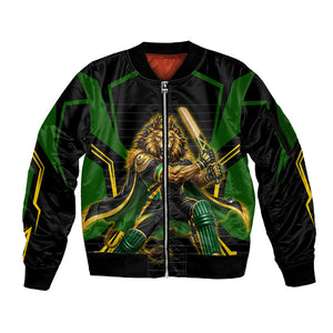 Personalized Jamaica Cricket Lion Mascot Sleeve Zip Bomber Jacket Kingsmen Royal King Batsman Sport