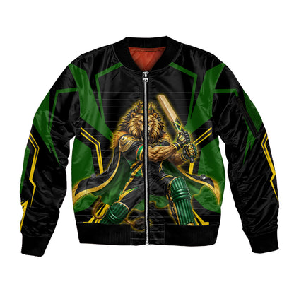 Personalized Jamaica Cricket Lion Mascot Sleeve Zip Bomber Jacket Kingsmen Royal King Batsman Sport