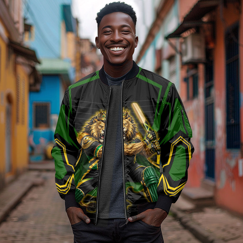 Personalized Jamaica Cricket Lion Mascot Sleeve Zip Bomber Jacket Kingsmen Royal King Batsman Sport
