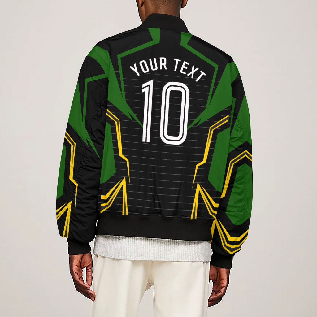 Personalized Jamaica Cricket Lion Mascot Sleeve Zip Bomber Jacket Kingsmen Royal King Batsman Sport