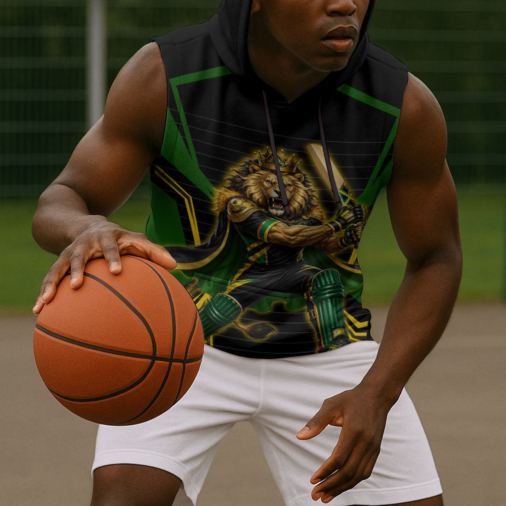 Personalized Jamaica Cricket Lion Mascot Sleeveless Hoodie Kingsmen Royal King Batsman Sport