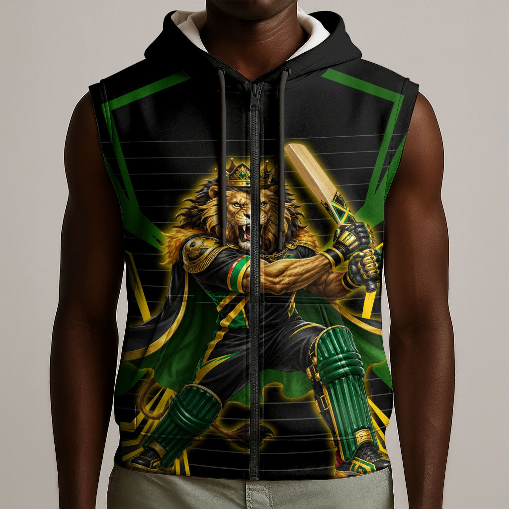 Personalized Jamaica Cricket Lion Mascot Sleeveless Zip Hoodie Kingsmen Royal King Batsman Sport