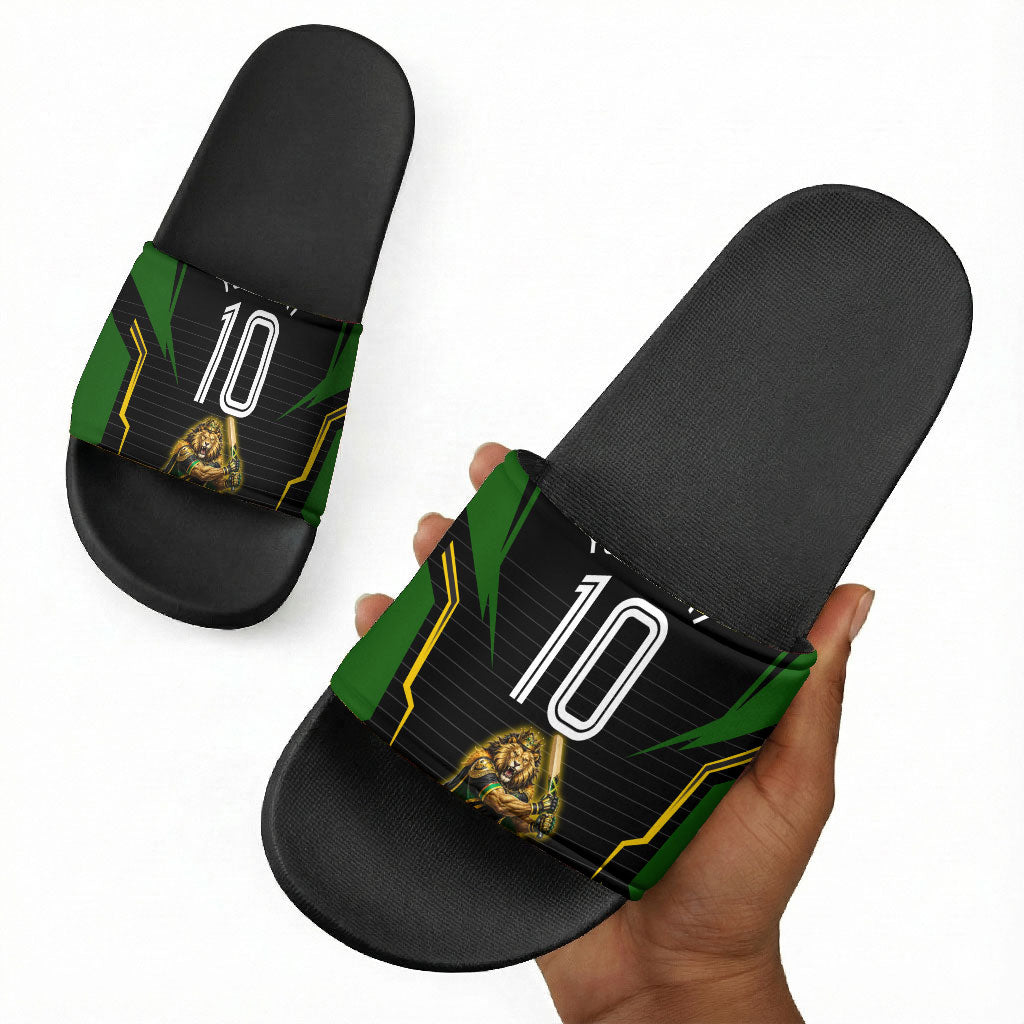 Personalized Jamaica Cricket Lion Mascot Slide Sandals Kingsmen Royal King Batsman Sport
