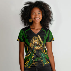 Personalized Jamaica Cricket Lion Mascot Women V-Neck T-Shirt Kingsmen Royal King Batsman Sport