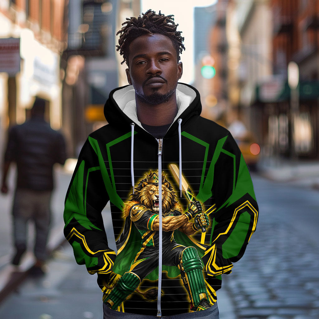 Personalized Jamaica Cricket Lion Mascot Zip Hoodie Kingsmen Royal King Batsman Sport