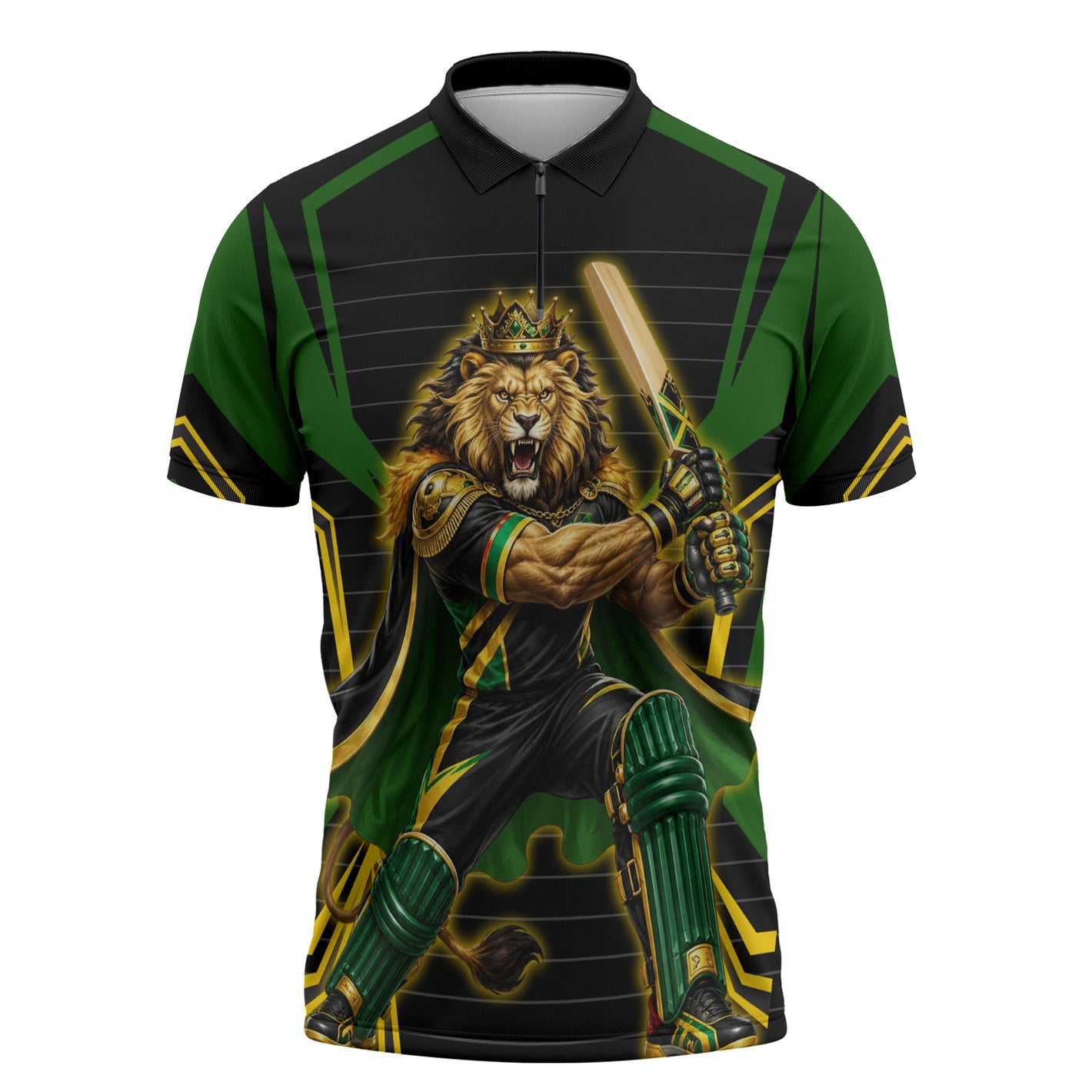 Personalized Jamaica Cricket Lion Mascot Zipper Polo Shirt Kingsmen Royal King Batsman Sport