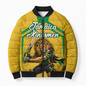 Personalized Jamaica Kingsmen Cricket Lion Bomber Puffer Jacket Royal King Batsman Sports Graphic Art