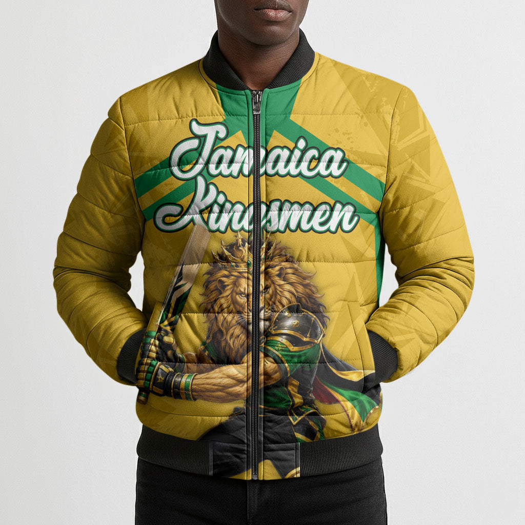 Personalized Jamaica Kingsmen Cricket Lion Bomber Puffer Jacket Royal King Batsman Sports Graphic Art