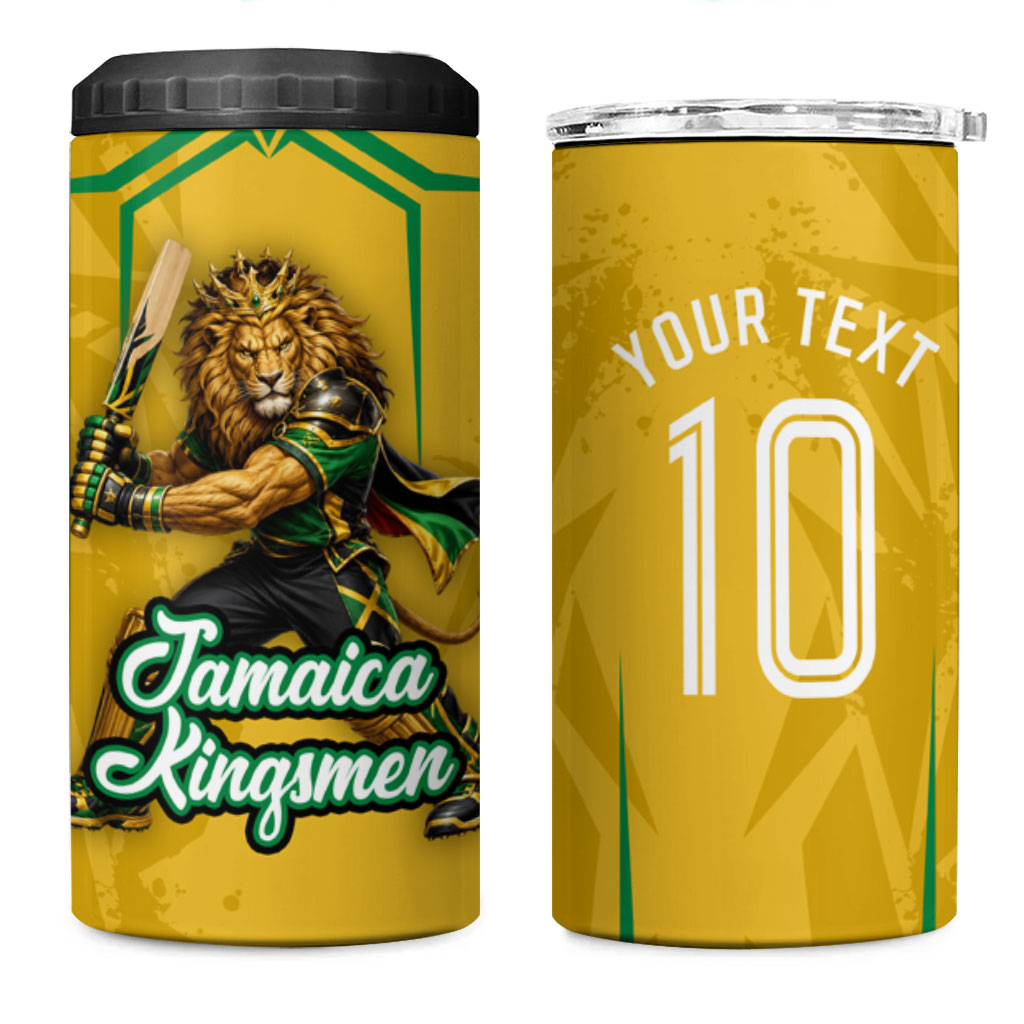 Personalized Jamaica Kingsmen Cricket Lion 4 in 1 Can Cooler Tumbler Royal King Batsman Sports Graphic Art
