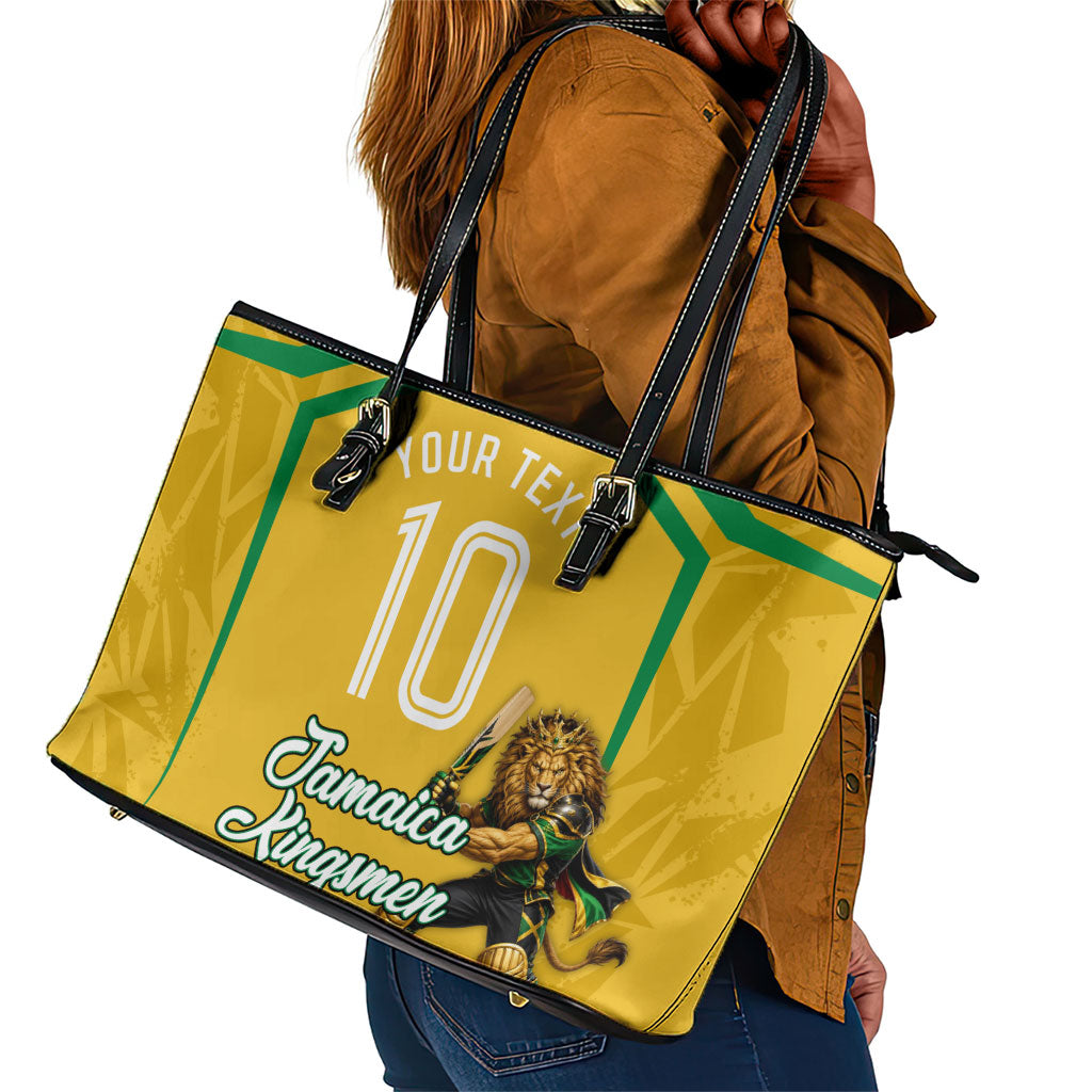 Personalized Jamaica Kingsmen Cricket Lion Leather Tote Bag Royal King Batsman Sports Graphic Art