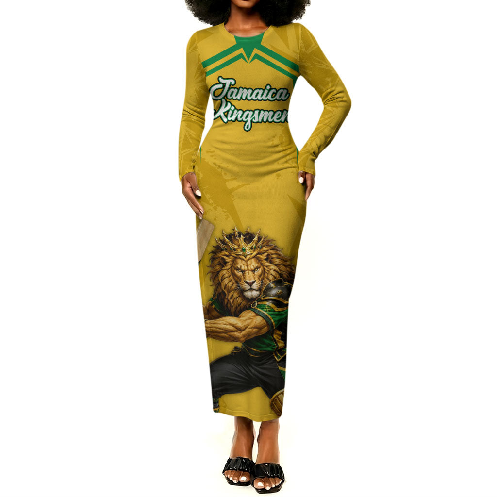 Personalized Jamaica Kingsmen Cricket Lion Long Sleeve Bodycon Dress Royal King Batsman Sports Graphic Art