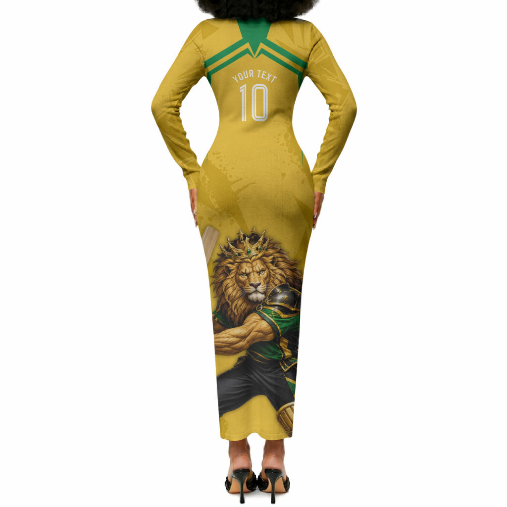Personalized Jamaica Kingsmen Cricket Lion Long Sleeve Bodycon Dress Royal King Batsman Sports Graphic Art