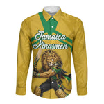 Personalized Jamaica Kingsmen Cricket Lion Long Sleeve Button Shirt Royal King Batsman Sports Graphic Art