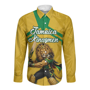 Personalized Jamaica Kingsmen Cricket Lion Long Sleeve Button Shirt Royal King Batsman Sports Graphic Art