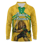Personalized Jamaica Kingsmen Cricket Lion Long Sleeve Polo Shirt Royal King Batsman Sports Graphic Art