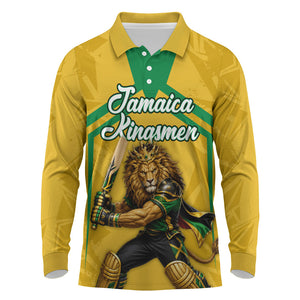Personalized Jamaica Kingsmen Cricket Lion Long Sleeve Polo Shirt Royal King Batsman Sports Graphic Art