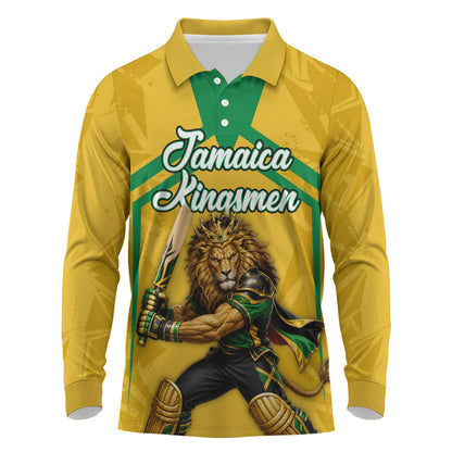 Personalized Jamaica Kingsmen Cricket Lion Long Sleeve Polo Shirt Royal King Batsman Sports Graphic Art